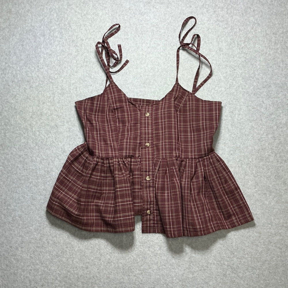 Plaid Peplum Camisole Top Burgundy Button Down Tie Shoulder Straps Small/medium